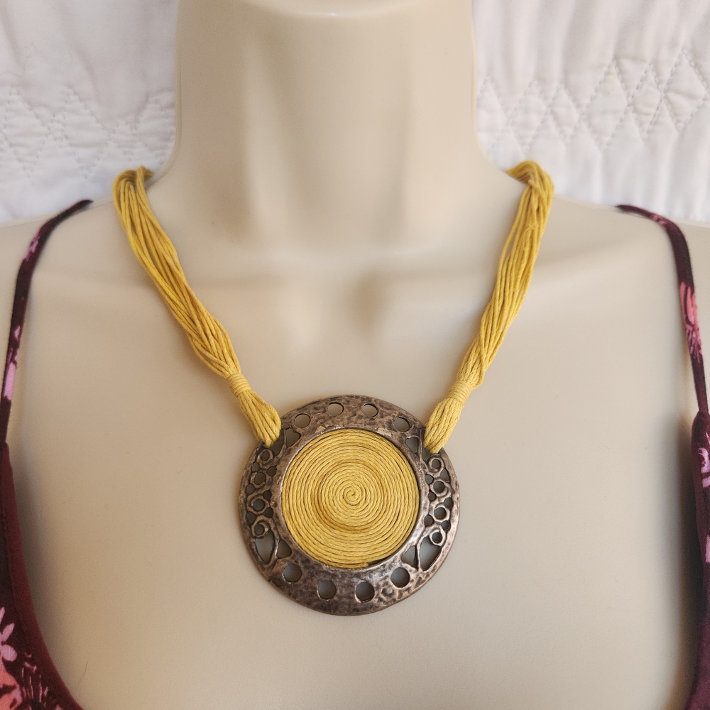 Yellow Natural Fiber Brass Pendant Necklace Boho Indie Earthy Bright Botique